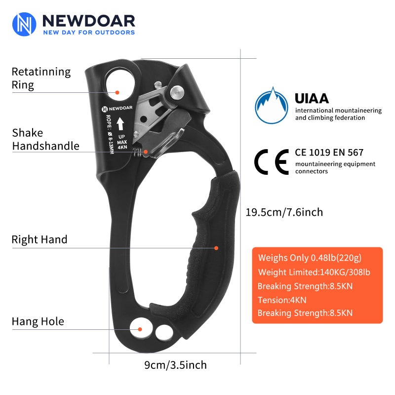 NewDoar Right Hand Ascender Rock Climbing Tree Arborist Rappelling Gear Equipment CE Certified Rope Clamp for 8~13MM Rope(Right Hand Pro Black) - Image 2